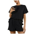 thumbnail image 1 of Women's 2 Pieces Outfits Solid Short Sleeve Ruffle Hem Tops and Elastic Waist Drawstring Shorts PJs Lounge Suits, 1 of 7