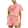 thumbnail image 1 of Women's 2 Pieces Outfits Solid Short Sleeve Ruffle Hem Tops and Elastic Waist Drawstring Shorts PJs Lounge Suits, 1 of 7
