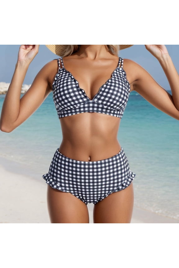 Women's 2 Pieces Plus Size Bikini Set Stripe Print Adjustable Drawstring Straps Swimsuit Simple Design Summer Fall Casual Seaside Beach Bathing Suits,Black,S