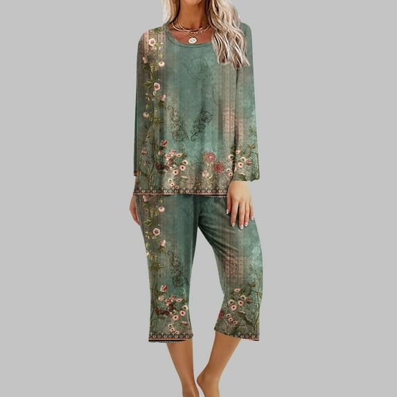 Women's 2 Pieces Print Outsuit Comfy Long Sleeve Top Cropped Loose Pants Family Sleepwear Pajamas Sets (M, Green)