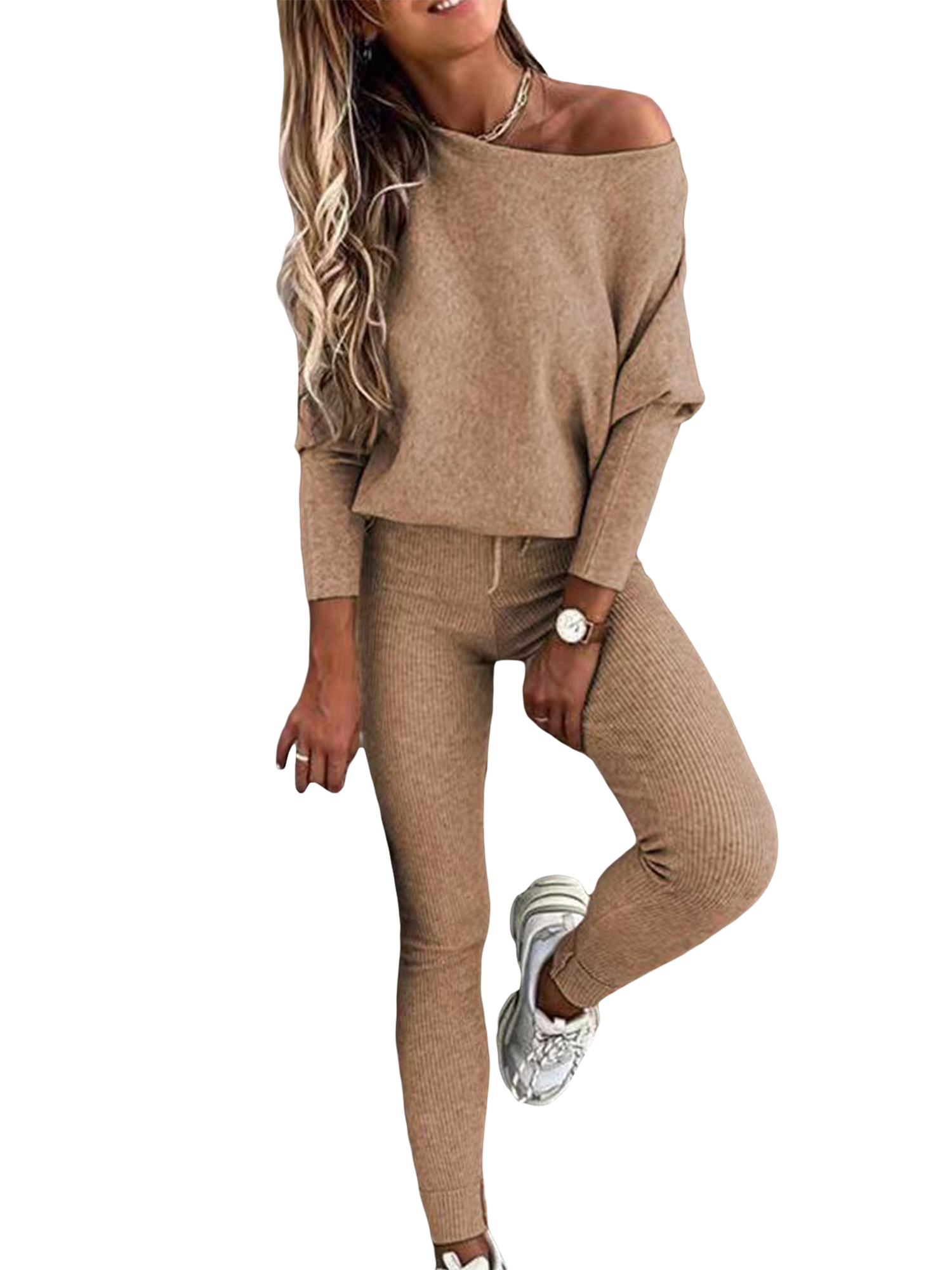 Women s 2 Pieces Ribbed Tracksuit Outfits Solid Color Off Shoulder Long Sleeve Tops Drawstring Long Pants Set
