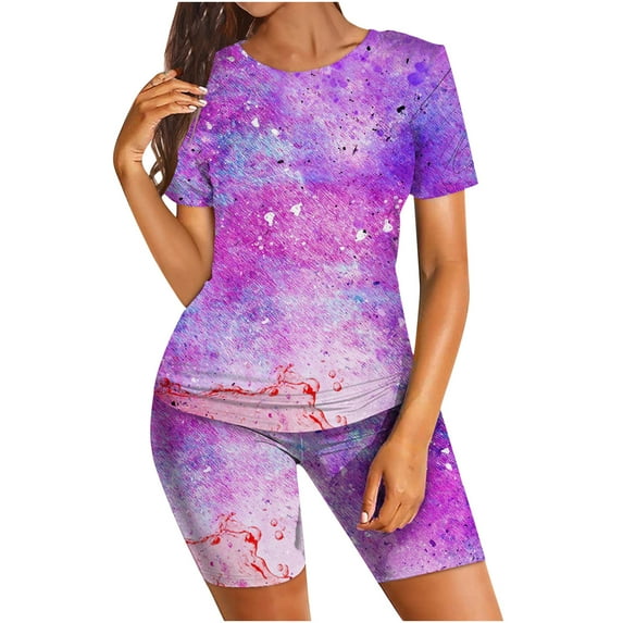 Women's 2 Pieces Workout Set Casual Crewneck Short Sleeve Top and Skinny Sport Shorts Pajamas Sets Loungewear