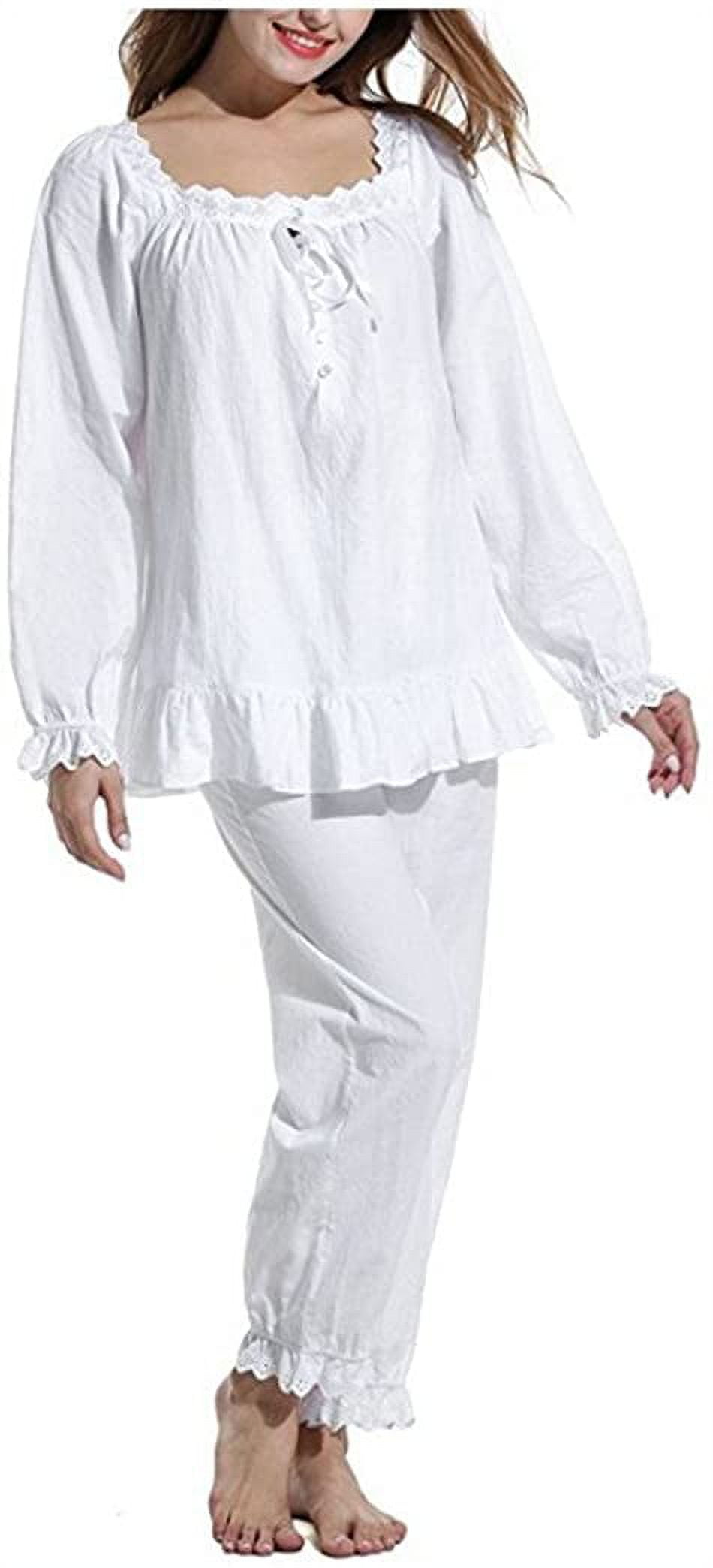 Women's 2 Set Cotton Sleepwear Victorian Pajama Set Long Sleeve Nightgown