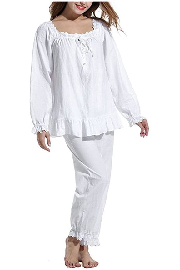 Women's 2 Set Cotton Sleepwear Victorian Pajama Set Long Sleeve Nightgown