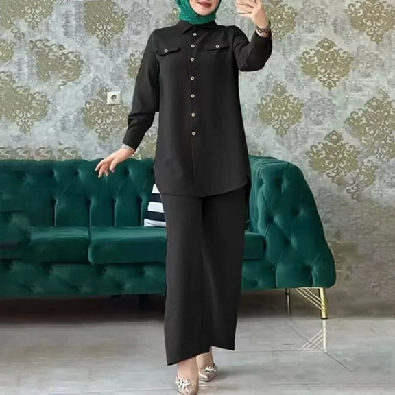 Women's 2 Sets Long Sleeve Button Down Shirt And Pants Abaya Casual Dress Dubai Outfits Drum Suit Dressy Jumpsuits for Women Wedding Guest Polyester Track Pants Women Womens Work Pants Wide Leg Dressy