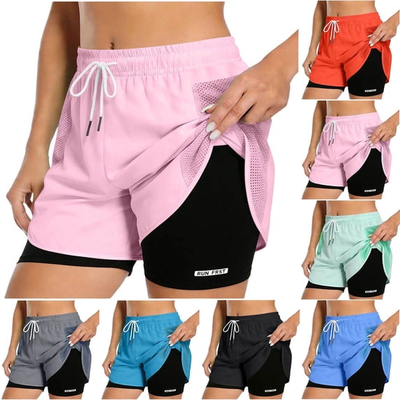 Women's 2 in 1 Athletic Shorts Drawstring Elastic Compression Liner Board Shorts Quick Dry Workout Clothes