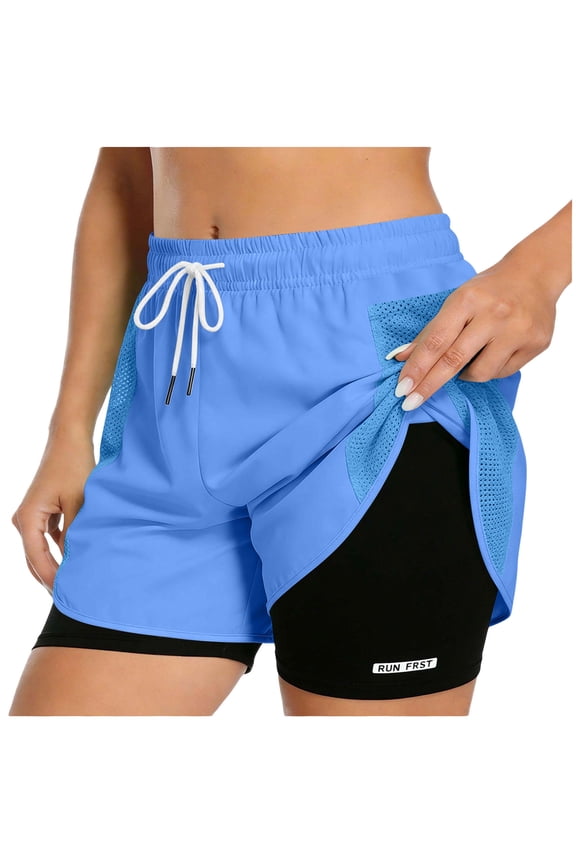 Women's 2 in 1 Athletic Shorts Drawstring Elastic Compression Liner Board Shorts Quick Dry Workout Clothes
