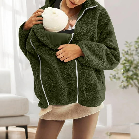 Women's 2-in-1 Babywearing Maternity Fleece Coat - Zip-Up Thicken Winter Outerwear with Built-in Baby Carrier Pocket, Warm Postpartum Mommy & Me Jacket