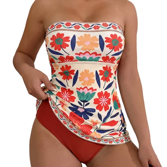 Women's 2-in-1 Bohemian Style Floral Tankini Set, Tummy-Control Two-Piece Swimsuit, Flowing Vintage Beachwear