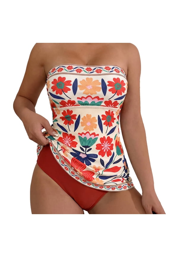 Women's 2-in-1 Bohemian Style Floral Tankini Set, Tummy-Control Two-Piece Swimsuit, Flowing Vintage Beachwear