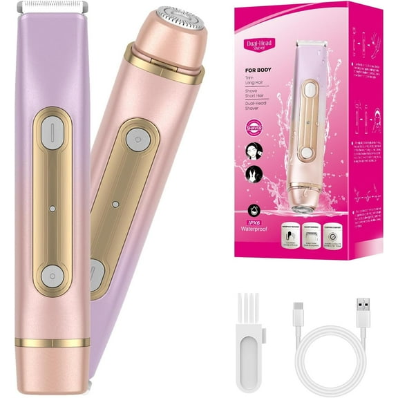Women's 2-in-1 Double Head Bikini Shaver - Waterproof Wet/Dry USB Rechargeable Hair Remover for Face, Body, Legs, Underarms & Sensitive Areas