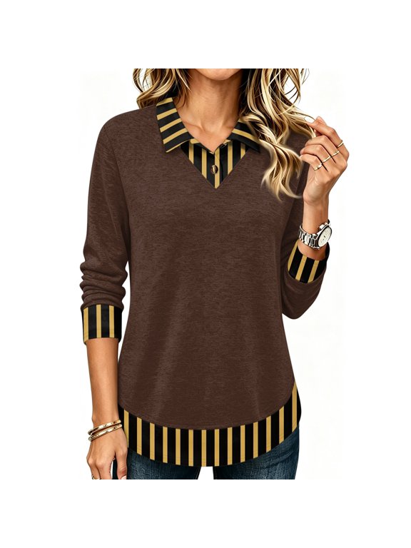 Women's 2 in 1 Layered Striped Collar Shirt Button V Neck Pullover Blouse for Fall Winter Business Casual