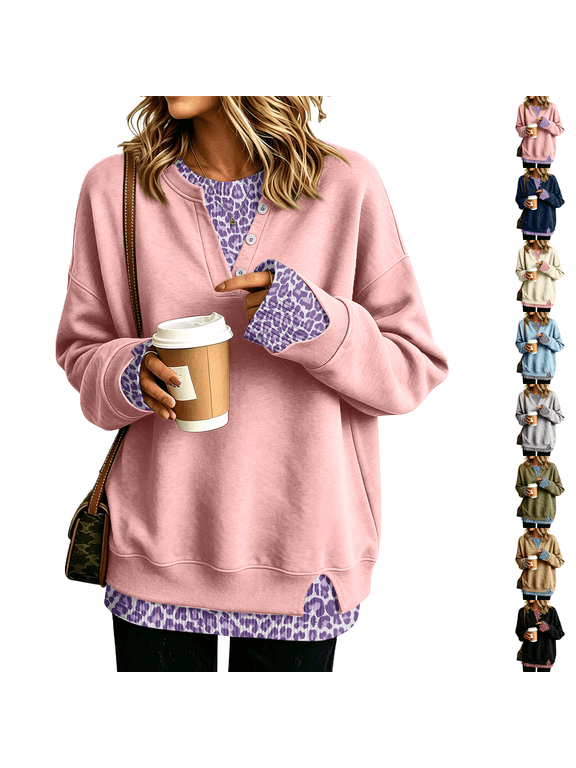 Women's 2 in 1 Leopard Print Pullover Sweatshirt Faux Layered Stylish Top, Long Sleeves Crewneck Dailywear, Lightweight Material Pink S