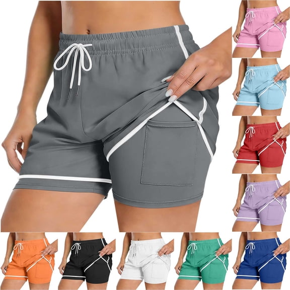 Women's 2 in 1 Running Shorts Drawstring Athletic Short High Waisted Workout Gym Short with Pockets Gray XL