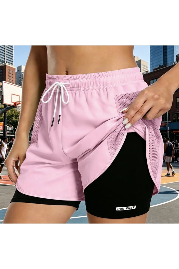 Women's 2-in-1 Running Shorts Quick Dry Lightweight Athletic Workout Shorts with Liner & Mesh Side Pockets for Gym Yoga Jogging,Pink,XS