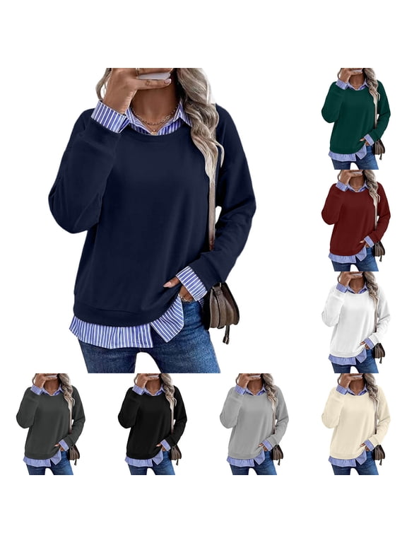 Women's 2 in 1 Striped Sweatshirt Long Sleeve Layered Pullover Shirts, Casual Collared Color Block Tunic Tops, Loose Fit Fall Winter Tops