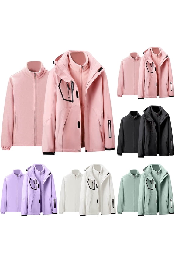 Women's 2-in-1 Winter Outdoor Jacket Set Waterproof Windproof Outer Shell with Detachable Liner Warm Hooded Coat for Hiking Camping Skiing Green