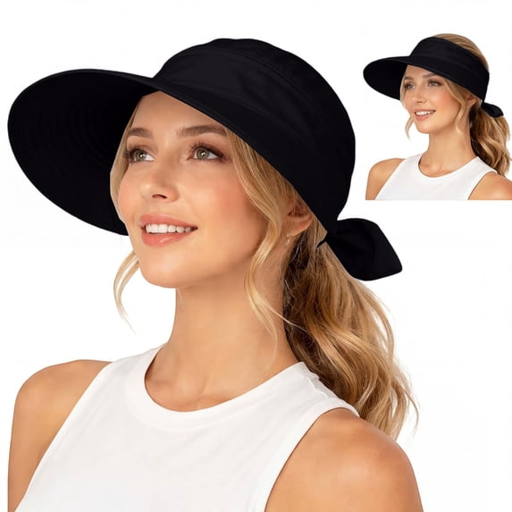 Women's 2-in-1 Zipper Removable Sun Visor Hat, Ponytail Friendly Baseball Cap with Bow, UPF 50+ Quick Dry Packable Summer Sun Hat for Beach Pool Travel Hiking Black