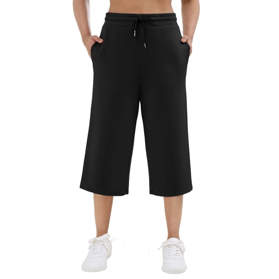 SPECIALMAGIC Women's Capri Pants Wide Leg High Waisted Sweatpants, Scuba Knit Stretch Lounge Pants, Elastic Waist, Mid Calf