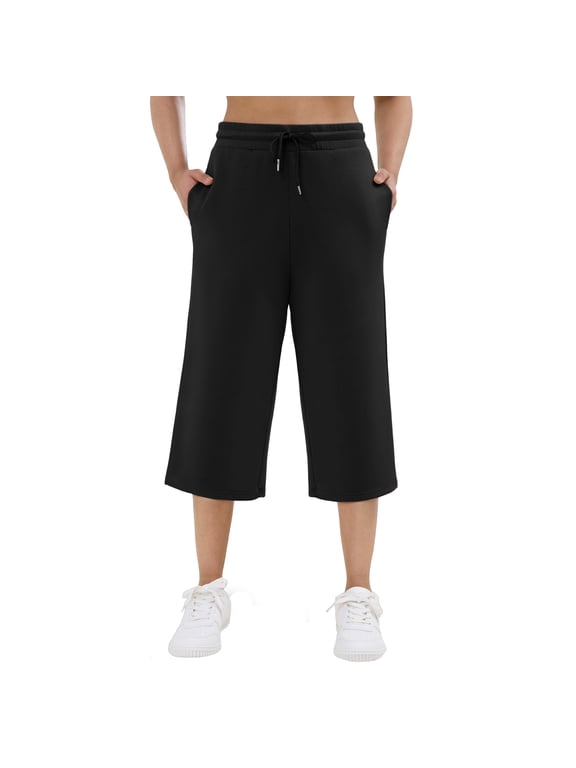SPECIALMAGIC Women's Capri Pants Wide Leg High Waisted Sweatpants, Scuba Knit Stretch Lounge Pants, Elastic Waist, Mid Calf