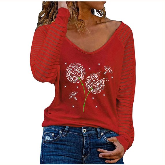 Women's 2022 Casual V Neck T Shirts Tops Long Sleeve Shirts Striped Sheer Mesh Patchwork Dressy Blouses and Tops A1