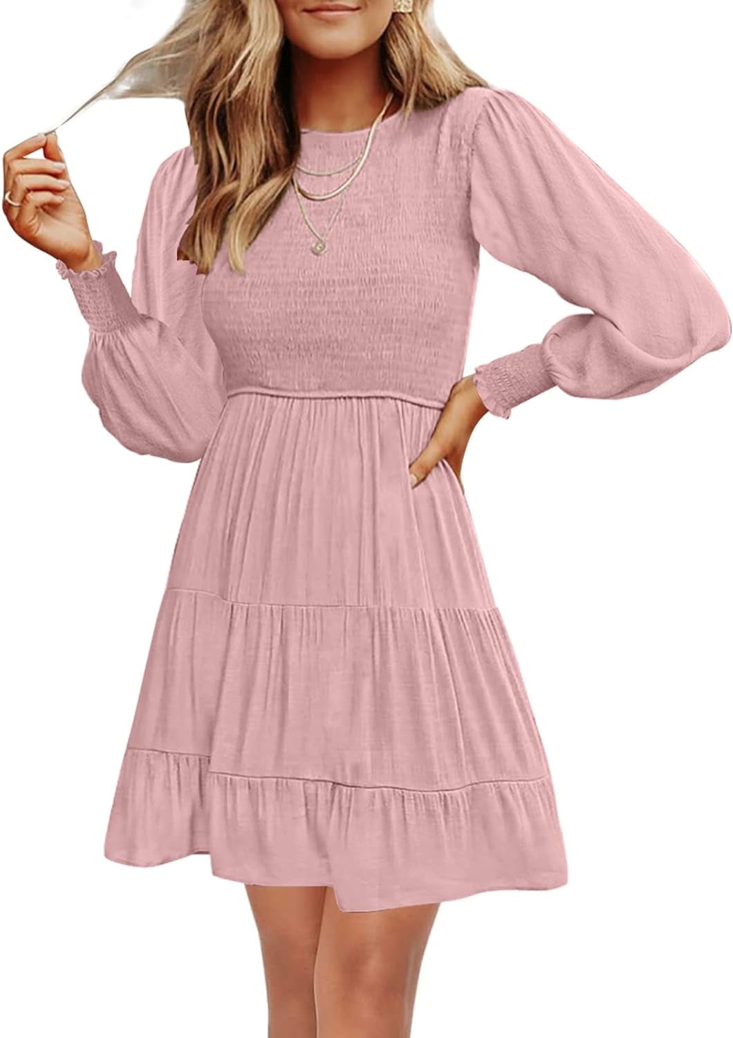 Women's 2023 Casual Long Sleeve Smocked Crew Neck Elastic Women's 2023 Casual Long Sleeve Smocked Crew Neck Elastic