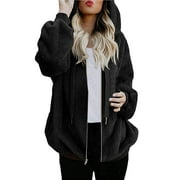 Women's 2023 Clothes Fall Fashion Long Sleeve Jacket Plus Size Zip Up Cardigan Outerwears Solid Color Hooded Sweatshirt Winter Long Coat Black XXXL