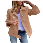Women's 2023 Clothes Fall Fashion Plus Size Outerwears Lapel Cardigan Winter Crop Tops Solid Color Open Front Lapel Long Sleeve Jacket Khaki L