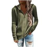 Women's 2023 Clothes Hooded Sweatshirt Fall Fashion Outerwears Plus Size womens spring jacket Solid Color Zip Up Cardigan Winter Warm Coat Army Green L