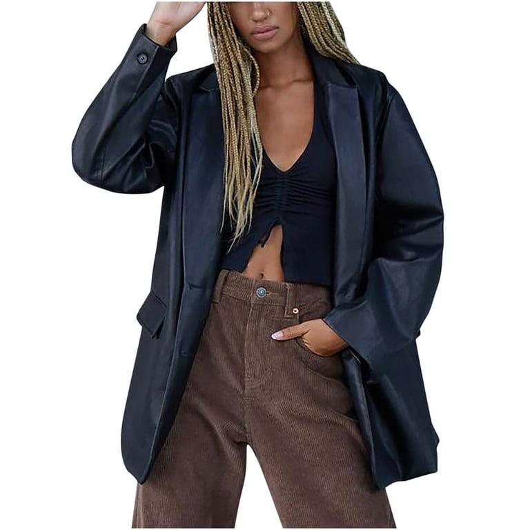 Women's 2023 Clothes Outerwears Fall Fashion Winter Long Coat Open Front  Lapel Blazer Plus Size Hooded Sweatshirt Solid Color Faux Leather Jacket  Black M 
