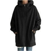 Women's 2023 Clothes Outerwears Plus Size Hooded Sweatshirt Solid Color Winter Lightweight Long Coat Lightweight Jacket Zip Up Cardigan Fall Fashion With Pocket Black XL