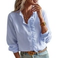 thumbnail image 1 of Women's 2023 Fall Long Sleeve Tops Crew Neck Striped Button Down Blouse Comfy Casual Work Ruffle Shirt XLBlue, 1 of 9