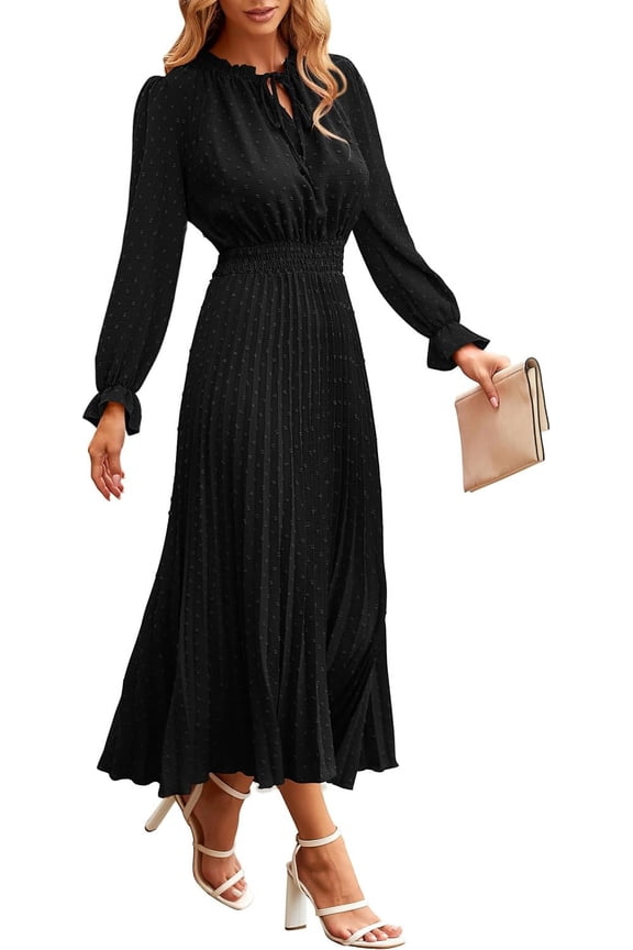 Women's 2023 Fall Midi Dress Casual Long Sleeve V Neck Swiss Dot Pleated A Line Flowy Dresses
