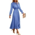 thumbnail image 1 of Women's 2023 Fall Midi Dress Casual Long Sleeve V Neck Swiss Dot Pleated A Line Flowy Dresses, 1 of 9