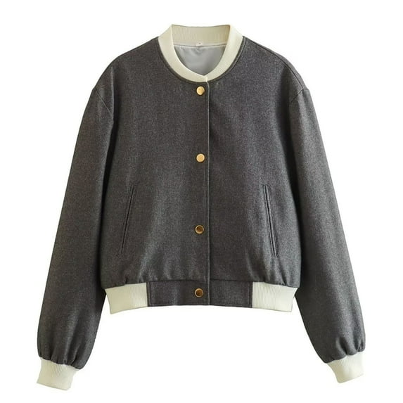 Women's 2025 Fall Varsity Bomber Jackets Causal Baseball Collar Long Sleeve Button Up Coats Outerwear with Pocket