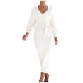 thumbnail image 1 of Women's 2023 Fall Winter Knit Pullover Sweater Dress Elegant Long Lantern Sleeve V Neck Maxi Dress with Belt, 1 of 8