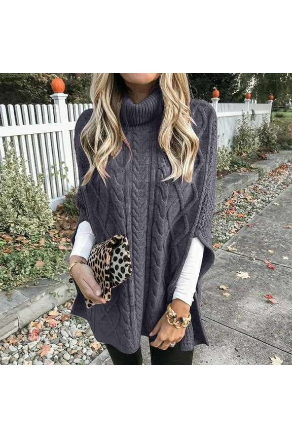 Women's 2023 Fall Winter Turtleneck Shawl Sweater Chunky Knit Wrap Cape Pullover Jumper Slouchy Ponchos Sweaters S-3XL