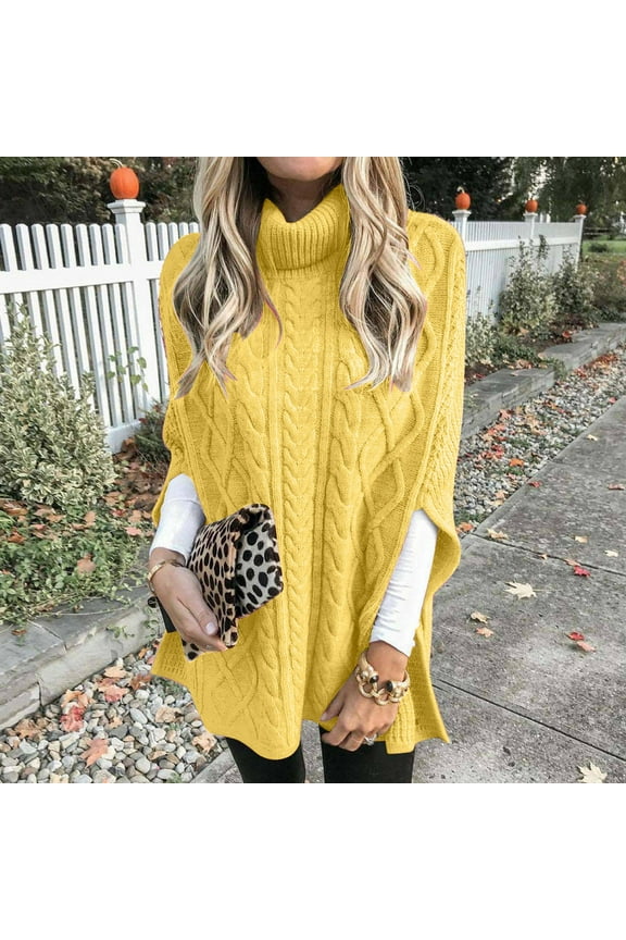 Women's 2023 Fall Winter Turtleneck Shawl Sweater Chunky Knit Wrap Cape Pullover Jumper Slouchy Ponchos Sweaters S-3XL