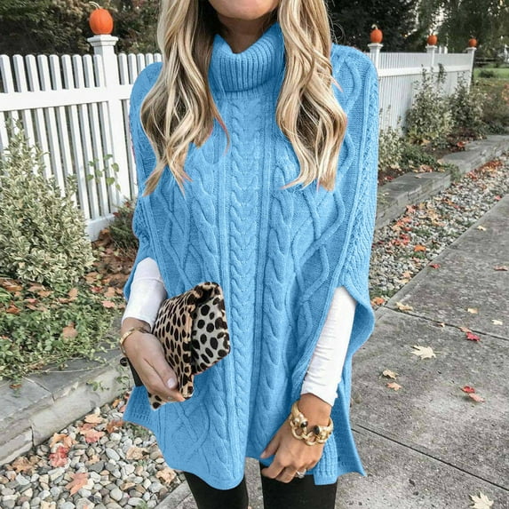 Women's 2023 Fall Winter Turtleneck Shawl Sweater Chunky Knit Wrap Cape Pullover Jumper Slouchy Ponchos Sweaters S-3XL