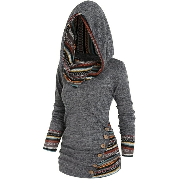 Women's 2023 Hoodie Ethnic Graphic Pullover Sweater Long Sleeve Sweatshirt Shirts Vintage Casual Tops  Stripe Splicing Button Decor Hoodie, Casual Long Sleeve Hoodie, Women's Clothing