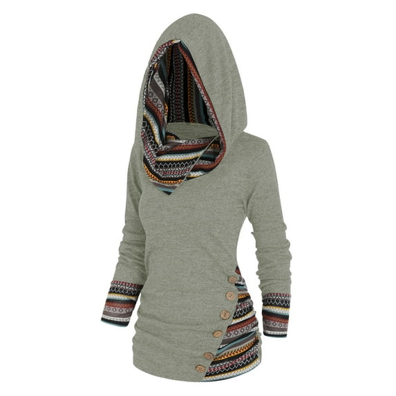 Women's 2023 Hoodie Ethnic Graphic Pullover Sweater Long Sleeve Sweatshirt Shirts Vintage Casual Tops  Stripe Splicing Button Decor Hoodie Knit Tops