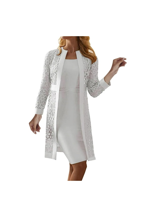 Women's 2025 New Lace Cardigan Solid Color Dress Jacket Two Piece Set