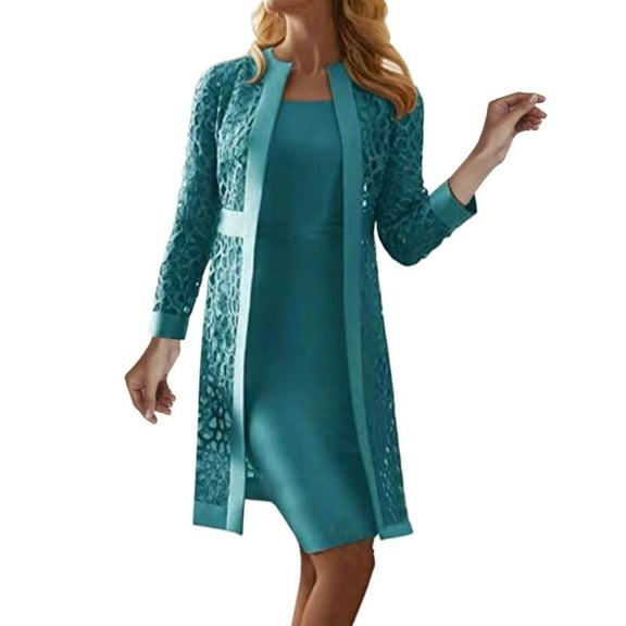 Women's 2025 New Lace Cardigan Solid Color Dress Jacket Two Piece Set