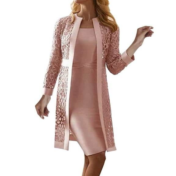 Women's 2025 New Lace Cardigan Solid Color Dress Jacket Two Piece Set