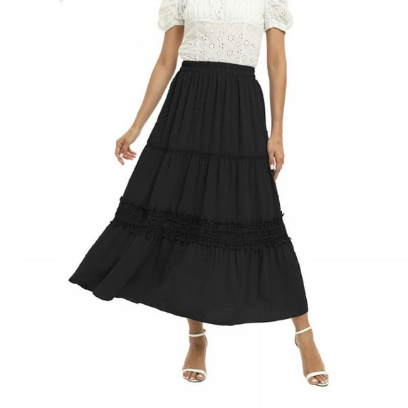 Women's 2023 Summer Casual Boho Elastic High Waist Solid Color Pleated Beach Maxi Skirt