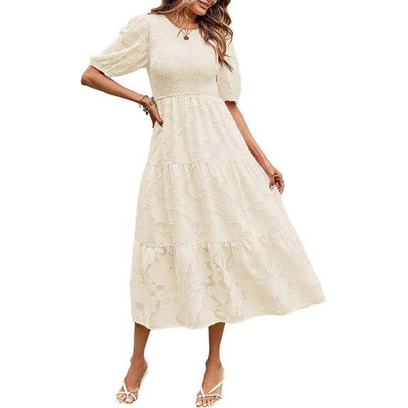 Women's 2023 Summer Puff Sleeve Smocked Floral Dress Crewneck Lace Flowy Tiered Midi Dresses