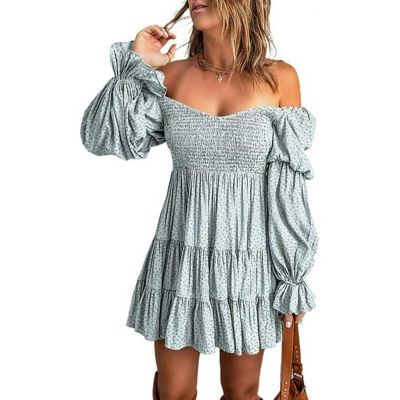 Women's 2023 Summer Spring Elegant Off Shoulder V Neck Long Sleeve Pleated Flowing Boho Floral Print Crewneck Short Sleeve