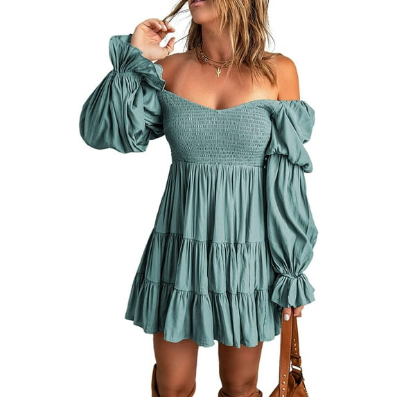 Women's 2023 Summer Spring Elegant Off Shoulder V Neck Long Sleeve Pleated Flowing Boho Floral Print Crewneck Short Sleeve
