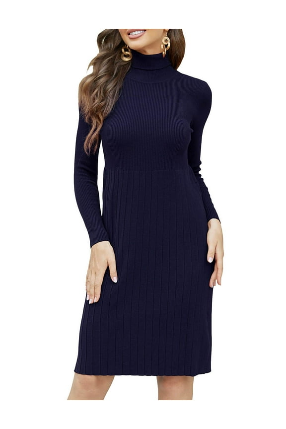 Women's 2023 Trendy Long Sleeve Sweater Dress Turtleneck Slim Fit Ribbed Knit Bodycon Midi Dress Navy L