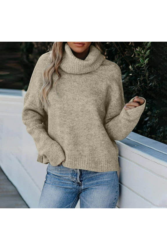 Women's 2023 Trendy Winter Turtleneck Sweaters V-Back Cutout Long Sleeve Chunky Knit Pullover Loose Oversized Sweater Jumper Tops S-3XL